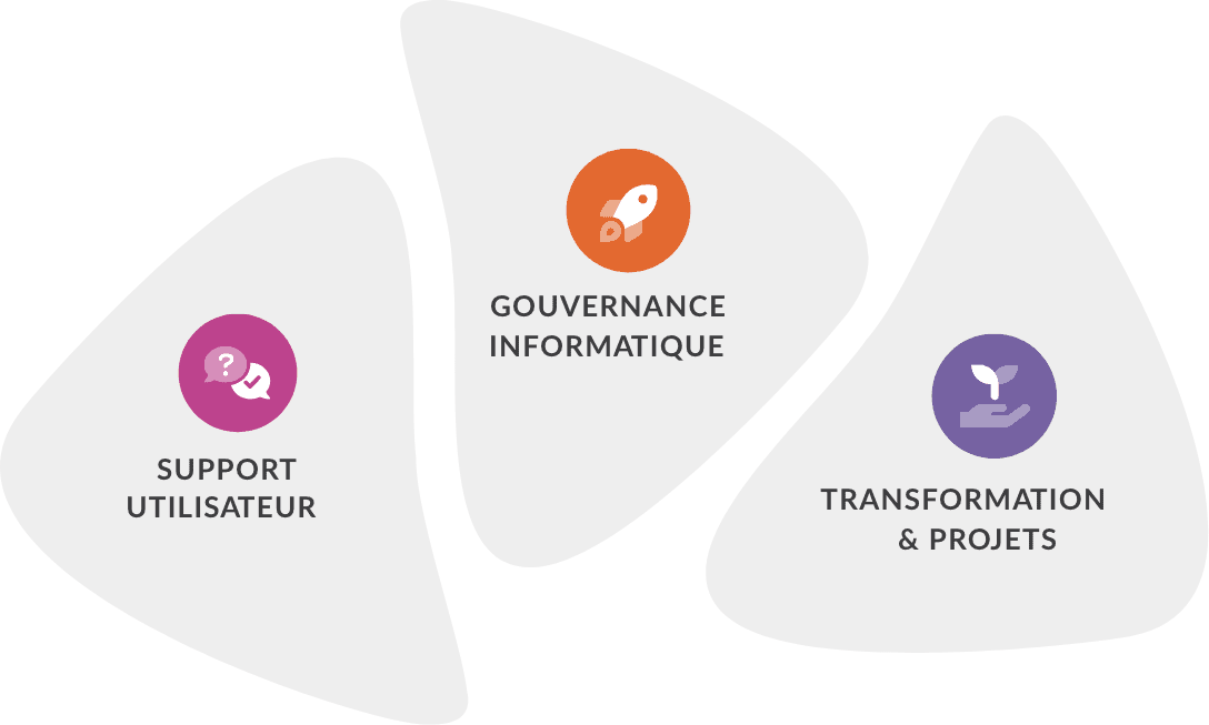 Nos axes fondateurs : support utilisateur, gouvernance informatique et transformation & projets